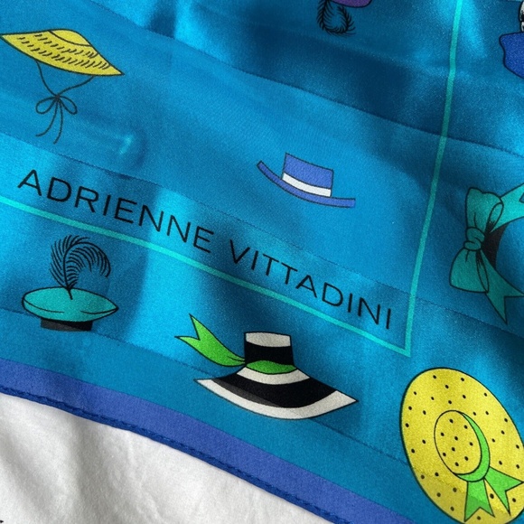 ADRIENNE VITTADINI Scarf 100% Silk 21" Square Blue Hats Shiny Hand Stitched Edge - Picture 2 of 5